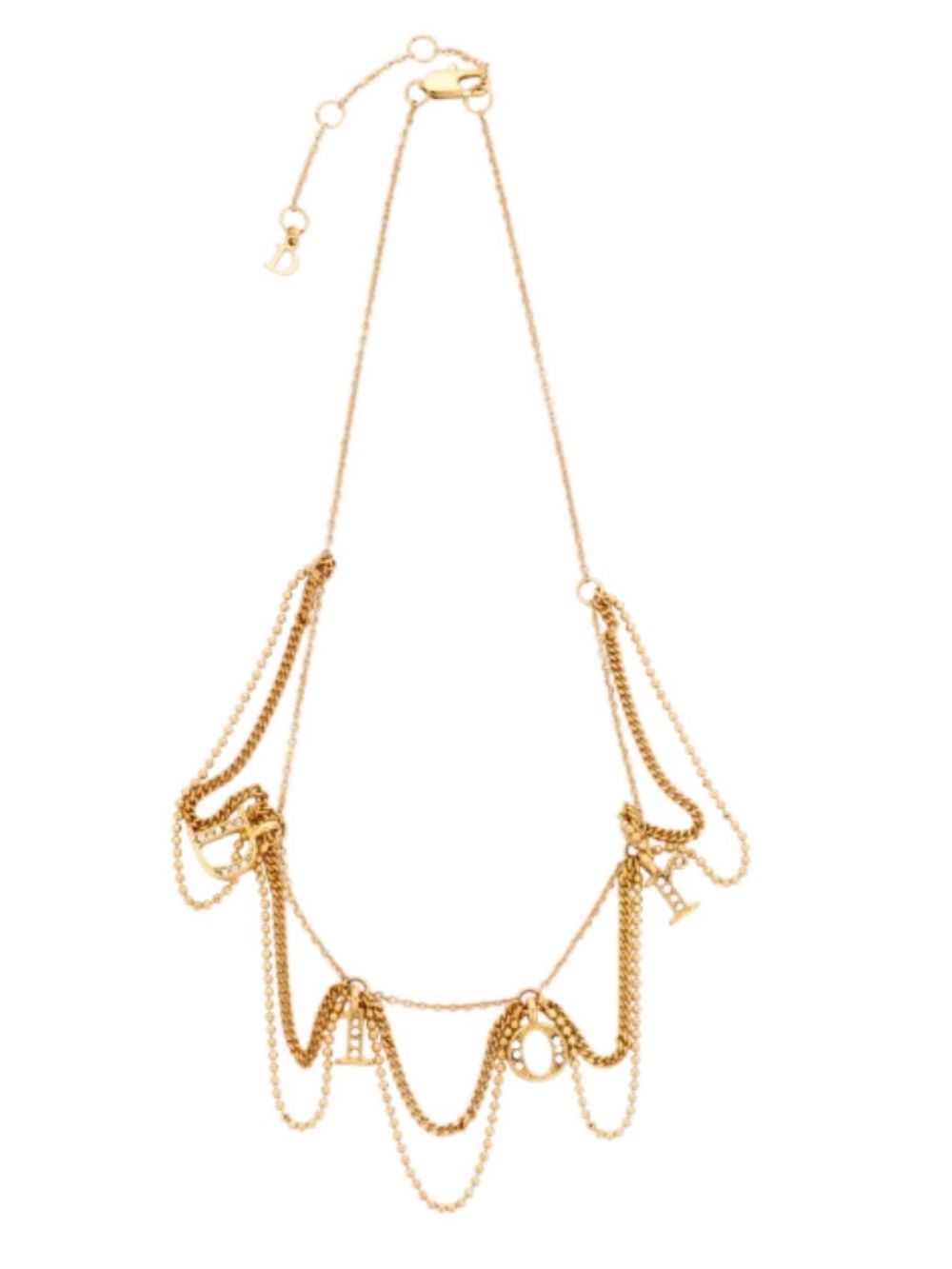 Christian Dior Gold Layered Chain Link Spellout Charm Logo Choker Necklace